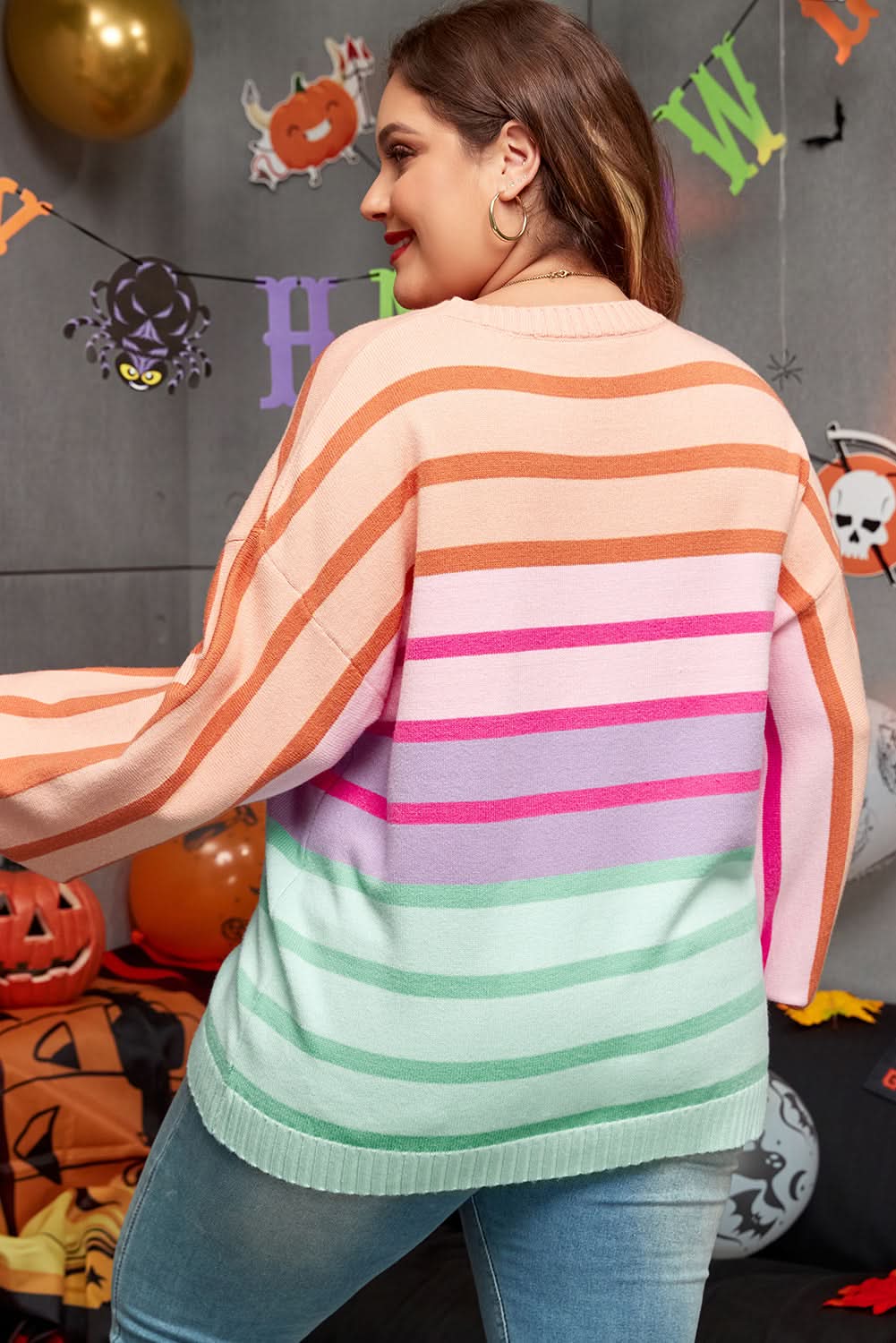 Pink Stripe Color Block Balloon Sleeve Crewneck Plus Size Sweater - Love Salve